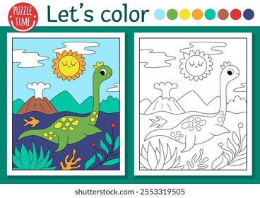 Dinosaur coloring page for children with plesiosaur. Vector outline illustration with prehistoric landscape. Color book for kids with colored example. Drawing skills printable worksheet