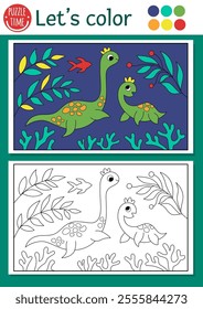 Dinosaur coloring page for children with plesiosaur, baby. Vector outline illustration with prehistoric landscape. Color book for kids with colored example. Drawing skills printable worksheet