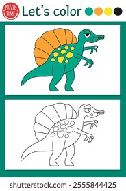 Dinosaur coloring page for children with spinosaurus. Vector prehistoric outline illustration. Simple color book for kids with colored example. Drawing skills printable worksheet with spinosaur