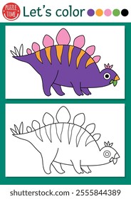 Dinosaur coloring page for children with stegosaurus. Vector prehistoric outline illustration. Simple color book for kids with colored example. Drawing skills printable worksheet with stegosaur