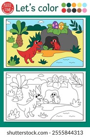 Dinosaur coloring page for children with t-rex and baby. Vector outline illustration with prehistoric landscape. Color book for kids with colored example. Drawing skills printable worksheet