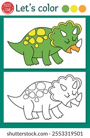 Dibujo de dinosaurio para colorear para niños con triceratops. Ilustración de contorno prehistórico de Vector. Libro de color simple para niños con ejemplo de color. Hoja de trabajo imprimible de habilidades de dibujo