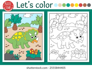 Dinosaur coloring page for children with triceratops. Vector outline illustration with prehistoric landscape. Color book for kids with colored example. Drawing skills printable worksheet