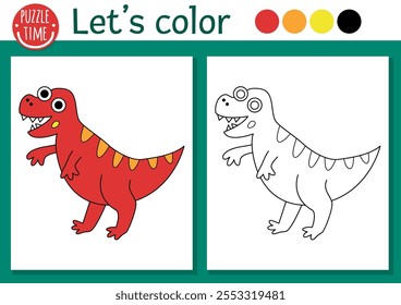 Dinosaur coloring page for children with tyrannosaurus. Vector prehistoric outline illustration. Simple color book for kids with colored example. Drawing skills printable worksheet with t-rex