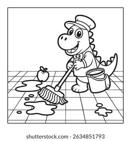 Dinosaur Coloring Page Cute Cartoon Dino Mopping Floor for Fun and Educational Activities