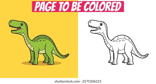 Dinosaur coloring page with hand-drawn black-and-white outlines and a vibrant colored version. Great for kids, creative play, and education.