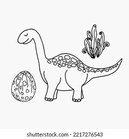 Dinosaur coloring page illustration. Black and white dino drawing with an egg and a plant.