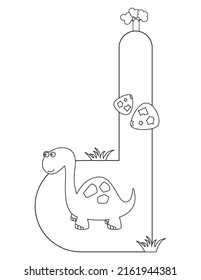 Dinosaur Coloring Page printable for children. Kids Alphabet, Font coloring – Letter D. Funny Dinosaur and stone. Coloring Book. Vector illustration