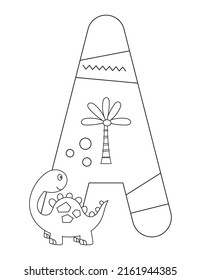 Dinosaur Coloring Page printable for children. Kids Alphabet, Font coloring – Letter A. Cute Dinosaur and Palm. Coloring Book. Vector illustration