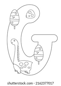 Dinosaur Coloring Page printable for children. Kids Alphabet, Font coloring – Letter G. Big Dinosaur, and Tropic Trees. Coloring Book. Vector illustration