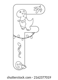 Dinosaur Coloring Page printable for children. Kids Alphabet, Font coloring – Letter F. Cute Dinosaur, Snake and Egg. Coloring Book. Vector illustration
