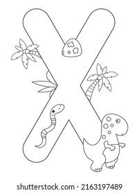 Dinosaur Coloring Page printable for children. Kids Alphabet, Font coloring – Letter X. Cute Dinosaur, Palm Tree and Snake. Coloring Book. Vector illustration