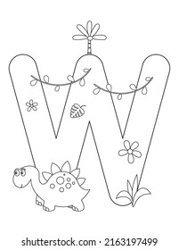 Dinosaur Coloring Page printable for children. Kids Alphabet, Font coloring – Letter W. Cute Dinosaur, Jungle Plants. Coloring Book. Vector illustration