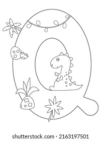 Dinosaur Coloring Page printable for children. Kids Alphabet, Font coloring – Letter Q. Cute Dinosaur, Egg, Palm Tree. Coloring Book. Vector illustration