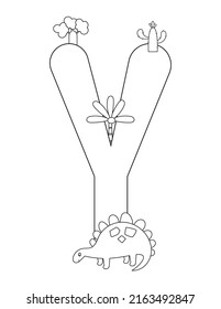 Dinosaur Coloring Page printable for children. Kids Alphabet, Font coloring – Letter Y. Cute Dinosaur and Tropic Plants. Coloring Book. Vector illustration