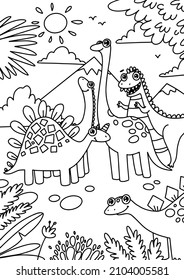 Dinosaur colouring page doodle line vector illustration, jurassic park kids art set