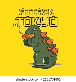 Dinosaur Comically eating and destroying city in tokyo