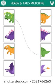 Dinosaur connect the halves worksheet.  Prehistoric dino land matching game for preschool children with ancient animals. Match heads and tails activity with triceratops, stegosaur, pterosaur
