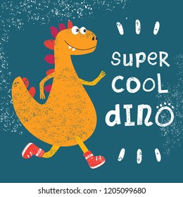 Dinosaur cool dude runs in fashionable sneakers. Fashionable grunge texture or print for children's design. Vector illustration