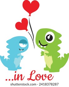 dinosaur couple illustration with hearts, romantic and valentine design vector EPS