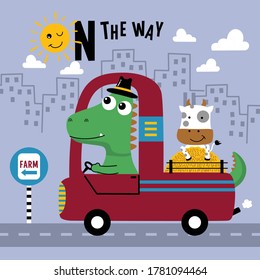 dinosaur and cow on the car funny animal cartoon,vector illustration