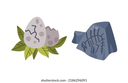 Dinosaur Cracked Egg on Green Leaf and Grey Stone Vector Set