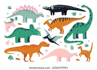 Dinosaurier-Kreaturmonster verschiedener Tierarten der jurassischen Vorgeschichte, einzeln auf weiß. Funny Cartoon Drachen, süßes Reptil und gefährliche Fleischfresser-Kollektion, Vektorgrafik