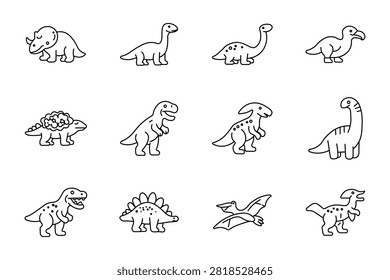 Dinosaur creature set icon. Horned triceratops, longneck sauropod, spotted reptile, armored ankylosaurus, roaring tyrannosaurus, flying pterosaur, plated stegosaurus, prehistoric wildlife.