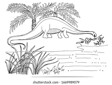Dinosaur, Cretaceous, line illustration for coloring. Coloring book for adults and children. prehistoric period. Anti stress sketch collection with doodle and zentangle elements.