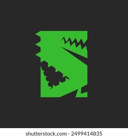 Dinosaur or crocodile logo green minimalist cartoon style, simple geometric forms vector design, sharp angular shape, modern playful stylish, black background.