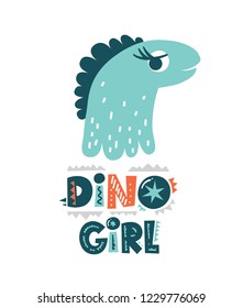 Dinosaur cute baby girl vector illustration in flat cartoon style. Dino girl hand drawn lettering. Illustration for nursery t-shirt, kids apparel, logo, invitation, poster, card.