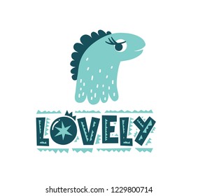 Dinosaur cute baby girl vector illustration in flat cartoon style. Dino girl hand drawn lettering. Illustration for nursery t-shirt, kids apparel, logo, invitation, poster, card, baby shower