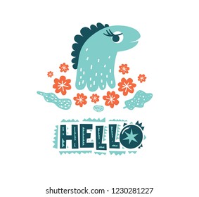 Dinosaur cute baby girl vector illustration in flat cartoon style. Hello hand drawn lettering. Illustration for nursery t-shirt, kids apparel, logo, invitation, poster, card.