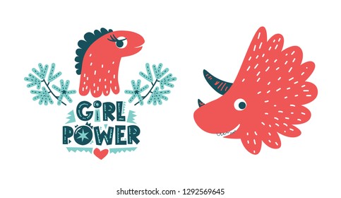 Dinosaur cute baby girl vector illustration and dino character in flat cartoon style. Girl power hand drawn lettering. Illustration for nursery t-shirt, kids apparel, logo, invitation, poster, card.