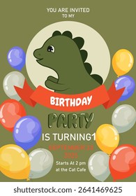 Dinosaur. Cute birthday invitation for a boy. Dinosaur invitation. Dinosaur, balloons. Birthday. Postcard.