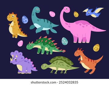 Dinosaurio lindo. Dino de dibujos animados con huevos, Triceratops, Pterodactyl y Tyrannosaurus. Reptil animal infantil. Depredador infantil prehistórico. Conjunto de pegatinas decorativas infantiles de vivero. Vector ordenado ilustración