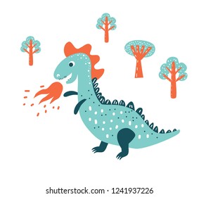 Dinosaur cute character vector illustration in flat cartoon style. Illustration for nursery t-shirt, kids apparel, fabric,  logo, invitation, poster, card.