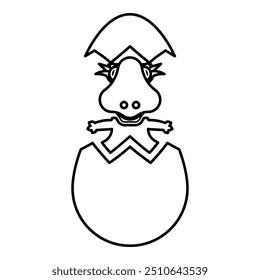 Dinosaur cute dino baby pretty hatch from egg cracked eggshell contour outline line icon black color vector illustration image thin flat style