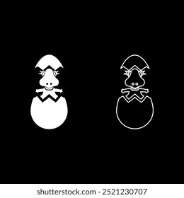 Dinosaur cute dino baby pretty hatch from egg cracked eggshell set icon white color vector illustration image solid fill outline contour line thin flat style