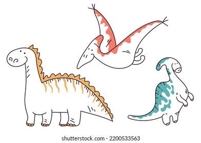 Dinosaur cute doodle sketch line art animal isolated set collection. Graphic design cartoon illustration
