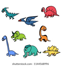 Dinosaur cute hand drawn colorful set. Collection of dinosaurus drawing.