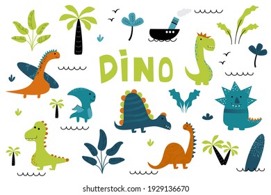 Dinosaur cute kids colllection. Set of little cute dinos. Vector illustration. Baby dino scandinavian style. Doodle funny animals design for childish textile.