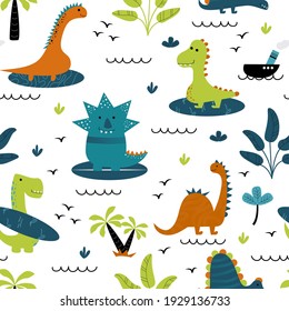 Dinosaur cute kids seamless pattern. Little cute dinos. Vector illustration. Baby dino scandinavian style. Doodle funny animals design for childish textile.