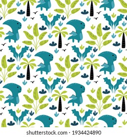 Dinosaur cute kids seamless pattern. Little cute dinos. Vector illustration. Baby dino scandinavian style. Doodle funny animals design for childish textile.