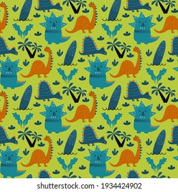 Dinosaur cute kids seamless pattern. Little cute dinos. Vector illustration. Baby dino scandinavian style. Doodle funny animals design for childish textile.