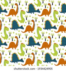 Dinosaur cute kids seamless pattern. Little cute dinos. Vector illustration. Baby dino scandinavian style. Doodle funny animals design for childish textile.