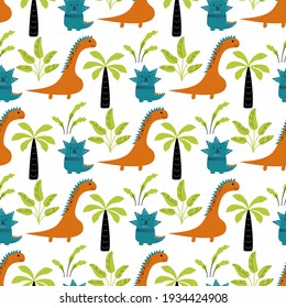 Dinosaur cute kids seamless pattern. Little cute dinos. Vector illustration. Baby dino scandinavian style. Doodle funny animals design for childish textile.