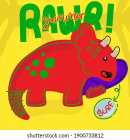 dinosaur  Cute  on beach baby cute print with . For print, clothes, Funny design for kids , With surfboard Red summer child or web. Creative original design Palm tree Yellow background. 