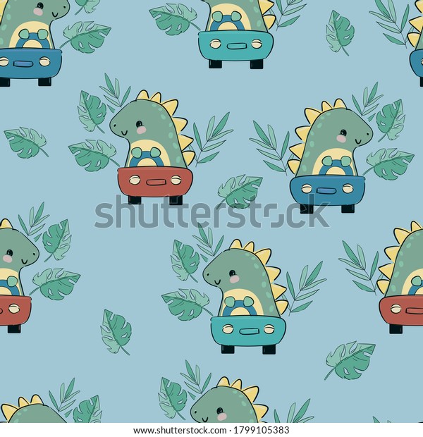 Dinosaur cute rides car childish\
children illustration print for textile seamless pattern\
vector