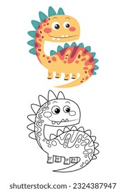 Dinosaur cute vector illustration cartoon isolated on white background. Dinosaur vector colored and colorless. Cute coloring page for kids. 